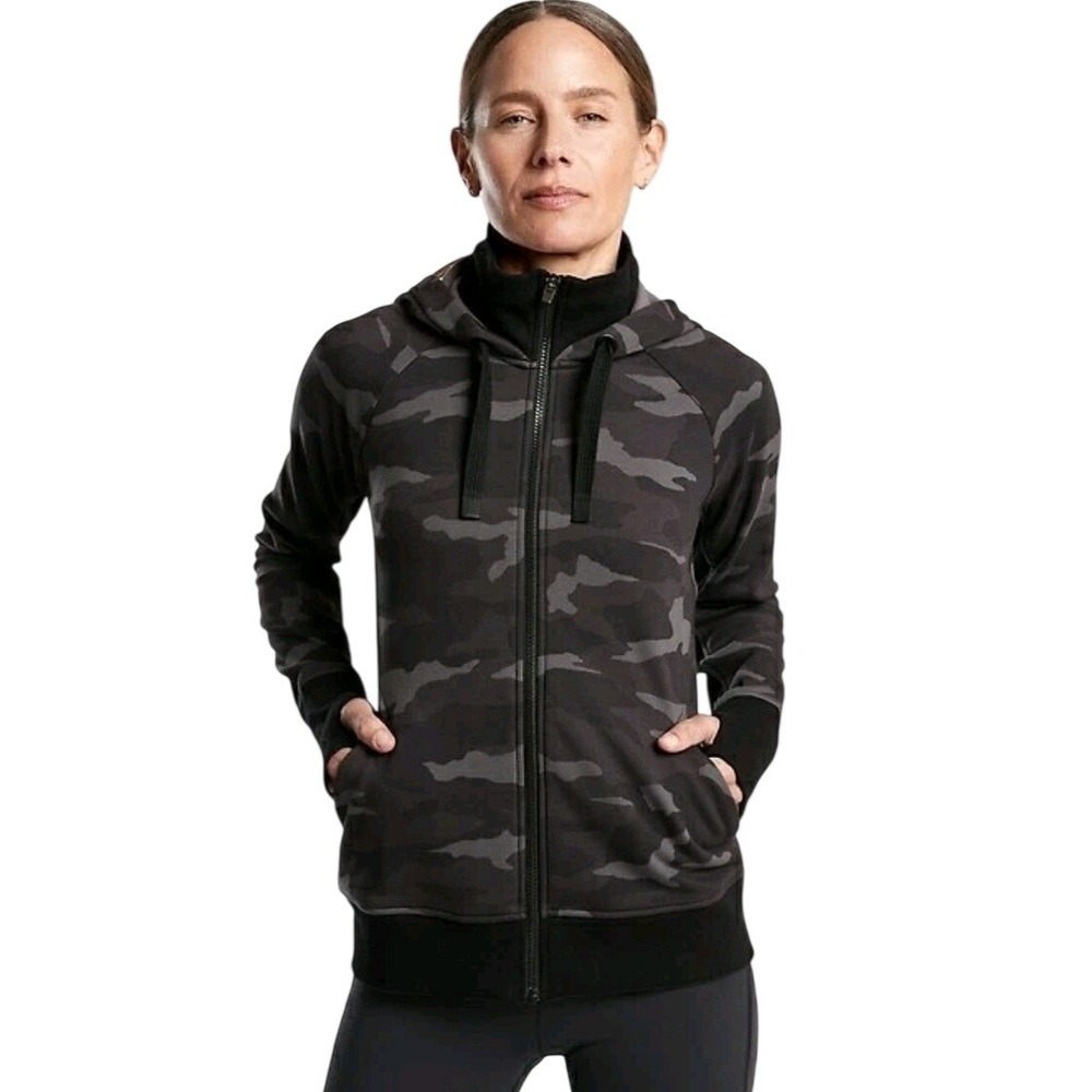 Athleta Triumph Printed Hoodie Sweatshirt Full Zip Camo‎ Dark Gray Size Small